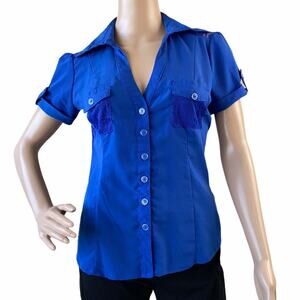 HeartSoul Cobalt Blue Lace Back Fold Over Sleeve CurvedHem Front Button Blouse S